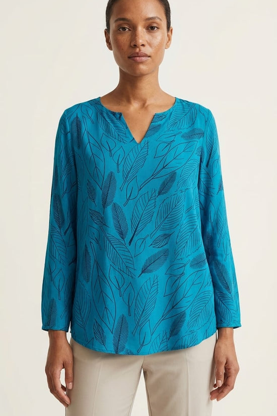 Teal Leaf Print Relaxed Top | Minimal Everyday Wear