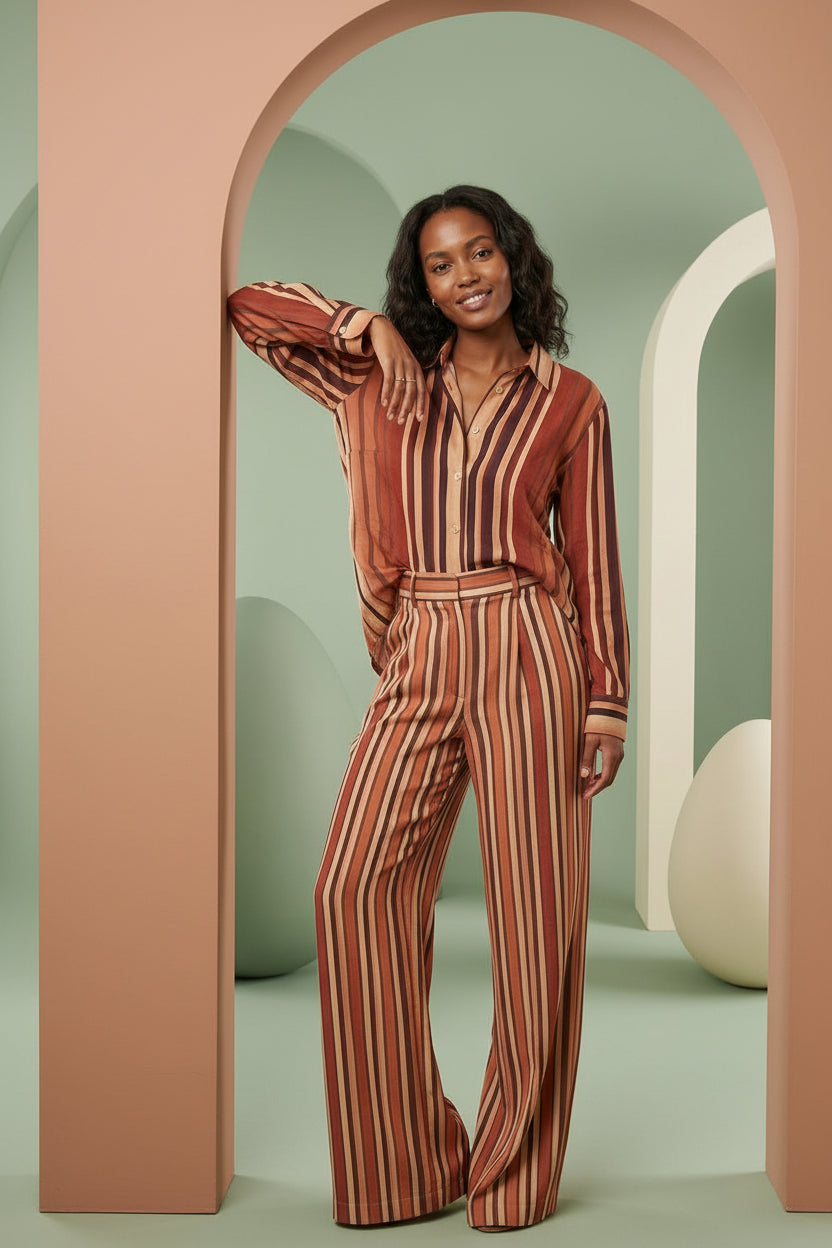 Rust Brown Striped Shirt | Classic Minimal Smart Wear