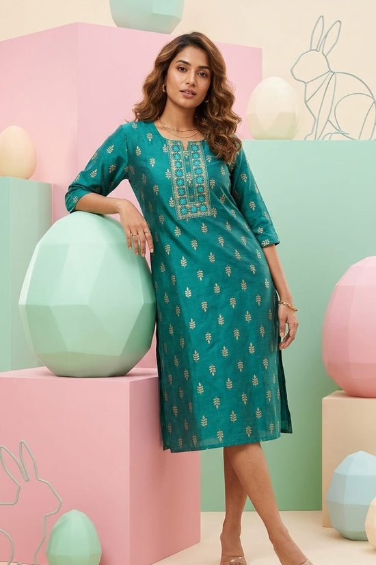 Teal Embroidery Silk Straight Kurti for Women