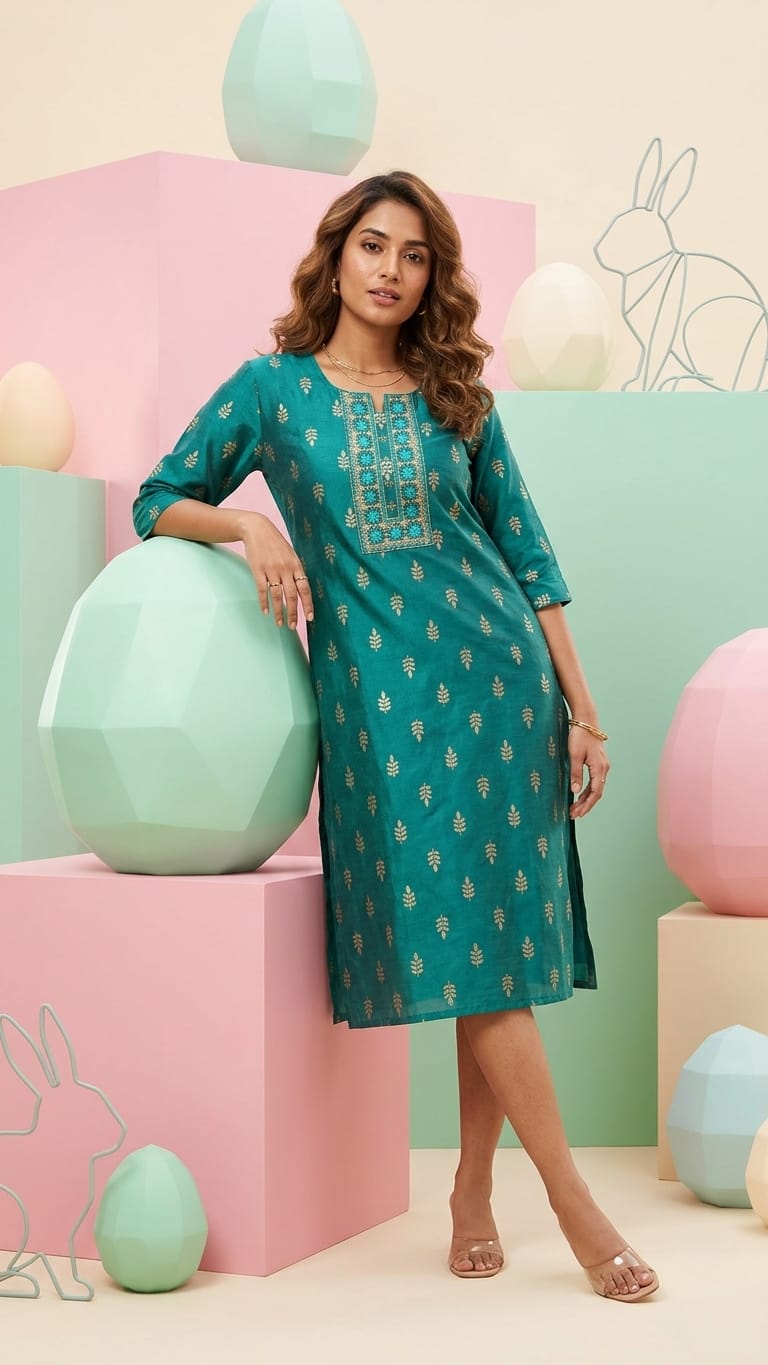 Teal Embroidery Silk Straight Kurti for Women