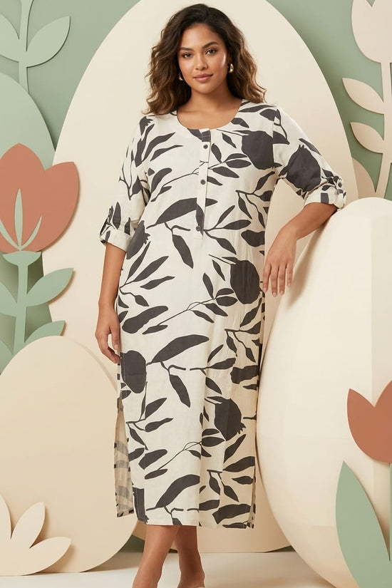 Beige & Black Leaf Printed Kurthi – Minimal Everyday Elegance