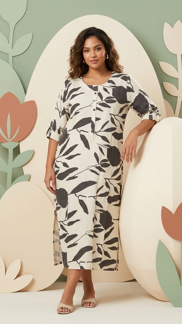 Beige & Black Leaf Printed Kurthi – Minimal Everyday Elegance