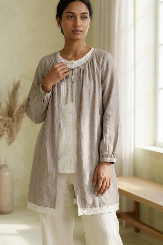 Beige Layered Linen Tunic Dress with Inner | Soft Minimal Aesthetic
