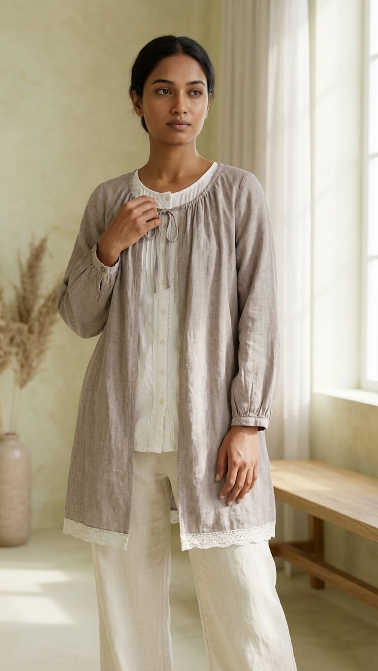 Beige Layered Linen Tunic Dress with Inner | Soft Minimal Aesthetic