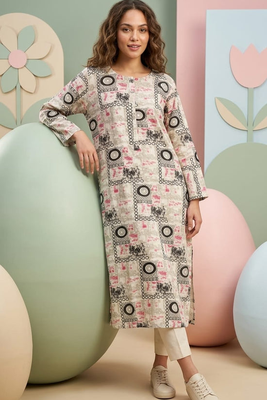 Beige Abstract Print Straight Kurti