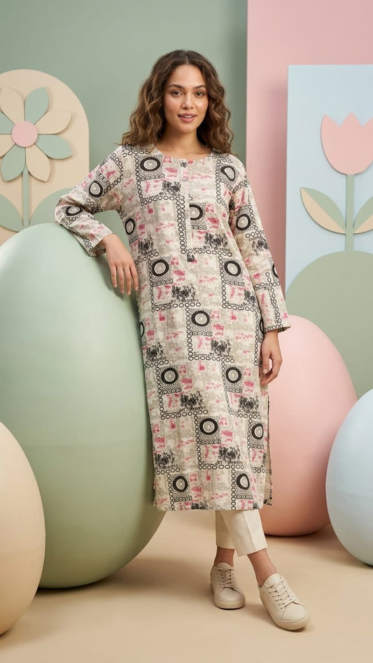 Beige Abstract Print Straight Kurti