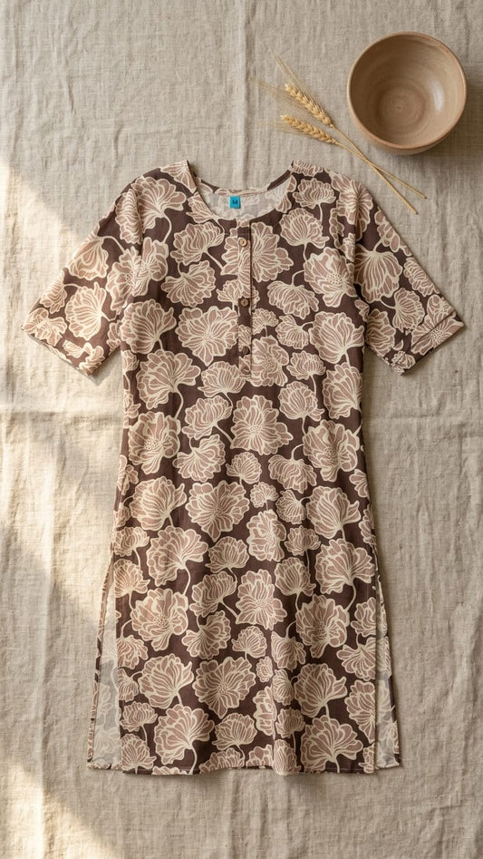 Brown Floral Print Straight Kurti
