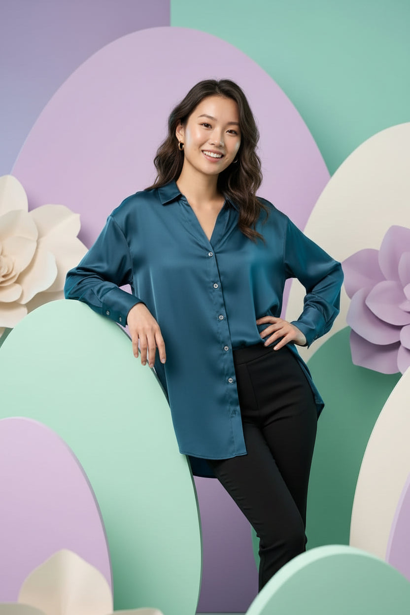 Teal Satin Relaxed Fit Shirt for Women | Premium Everyday Wear
