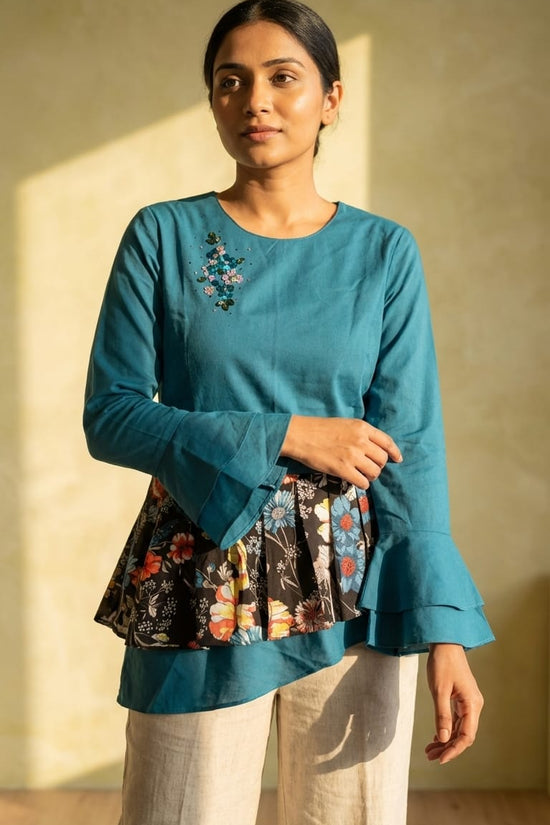 Teal Fusion Peplum Top with Floral Panel | Designer Statement Wear