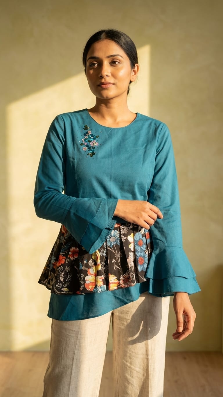 Teal Fusion Peplum Top with Floral Panel | Designer Statement Wear
