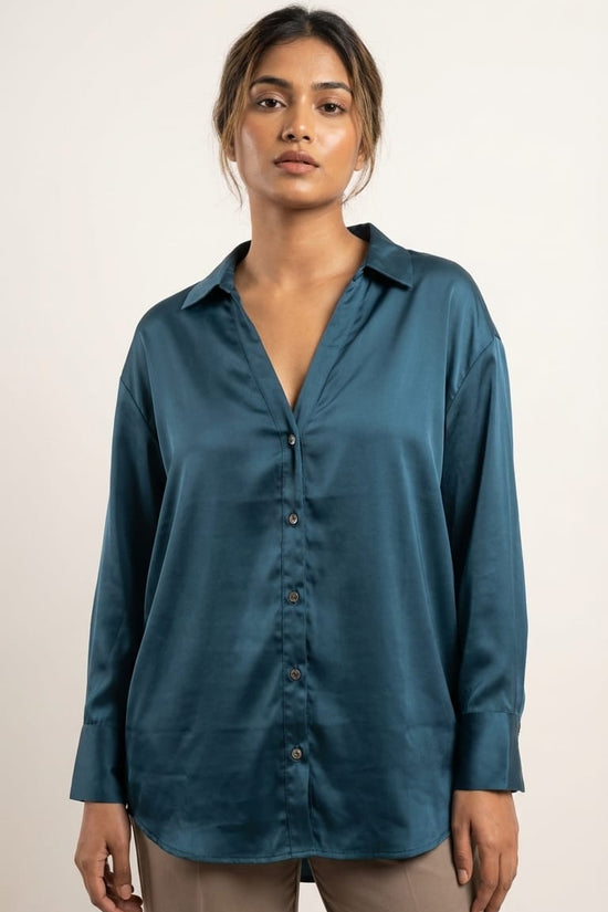 Teal Satin Relaxed Fit Shirt for Women | Premium Everyday Wear