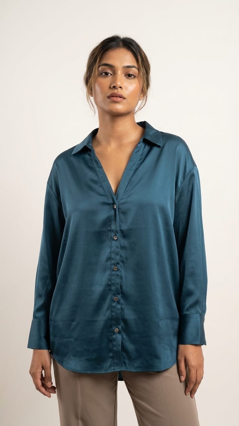 Teal Satin Relaxed Fit Shirt for Women | Premium Everyday Wear
