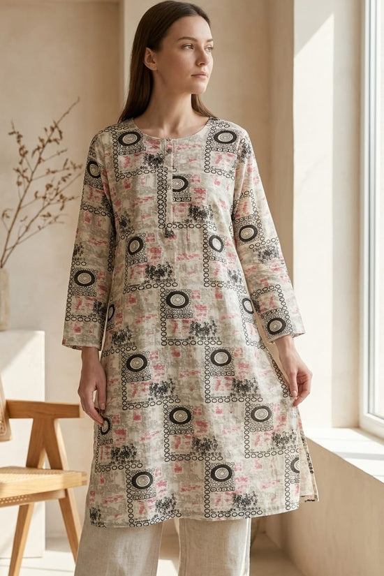 Beige Abstract Print Straight Kurti