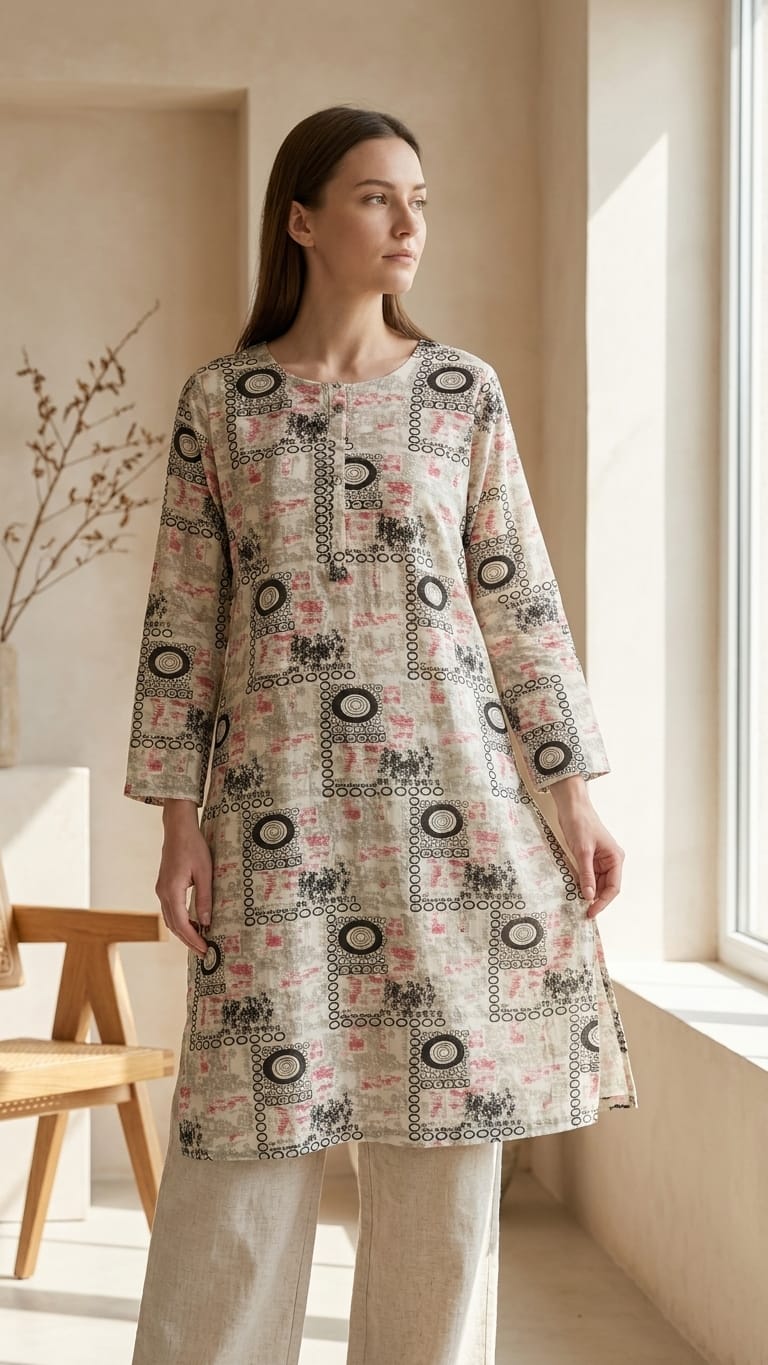 Beige Abstract Print Straight Kurti