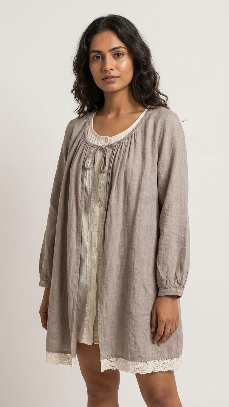 Beige Layered Linen Tunic Dress with Inner | Soft Minimal Aesthetic