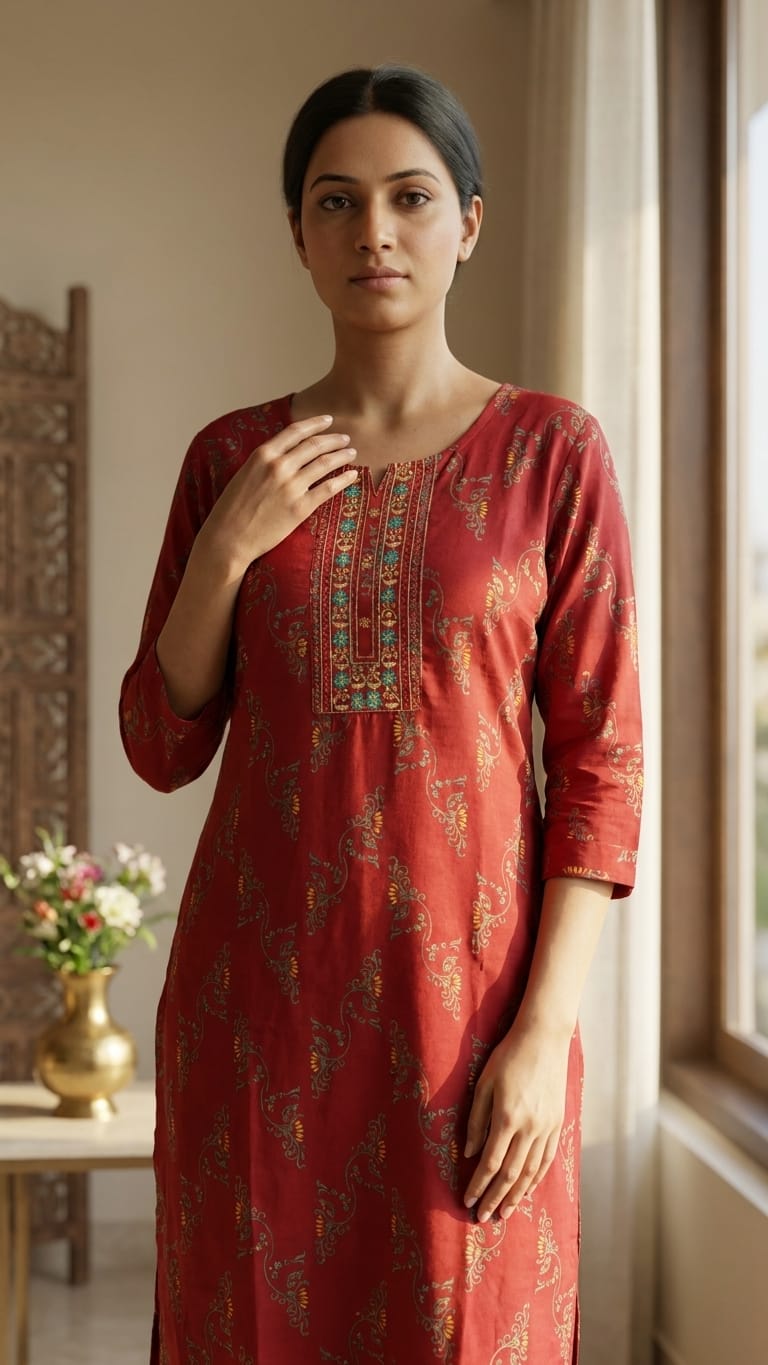 Red Printed Cotton Straight Kurti with Embroidered Yoke