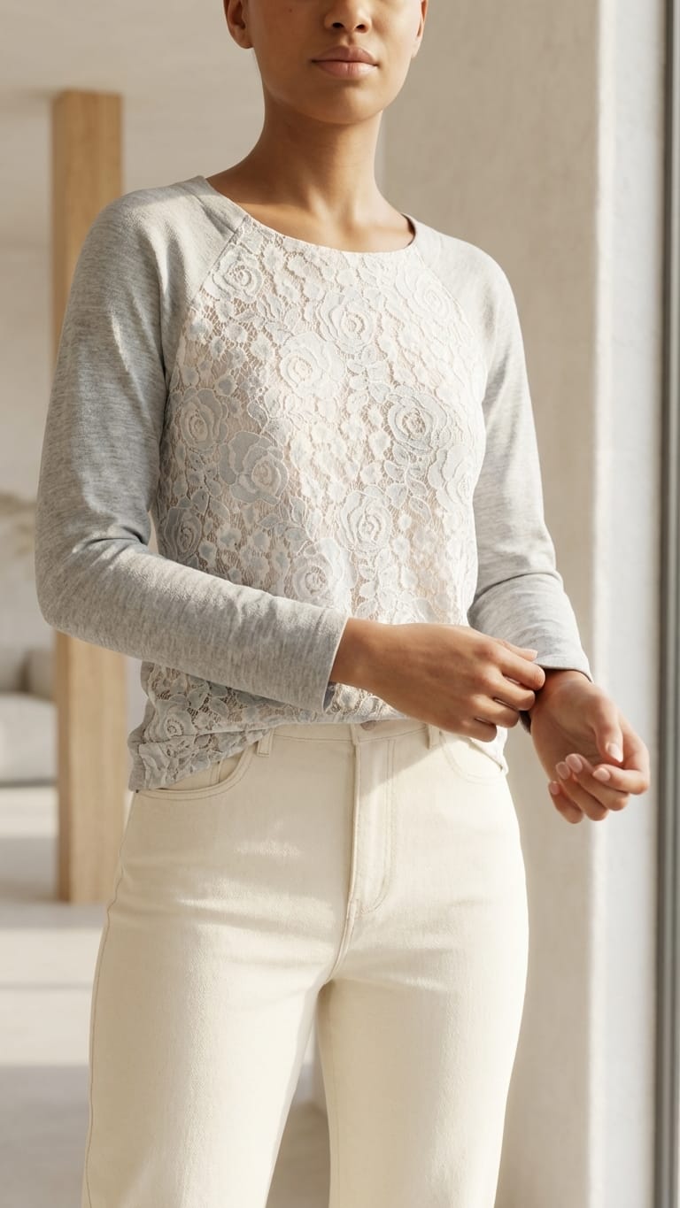 Grey Lace Panel Top | Minimal Everyday Elegant Wear