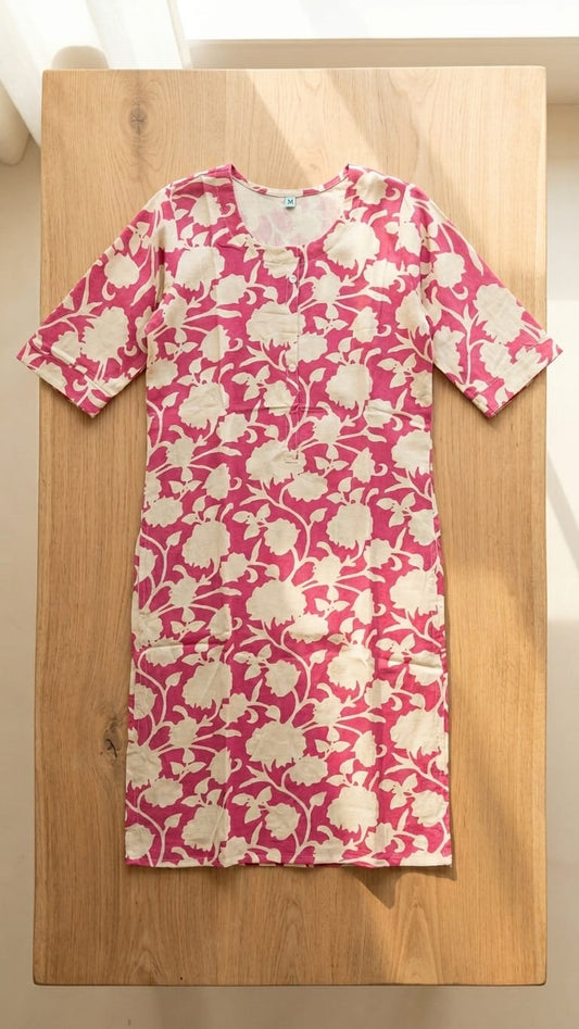 Pink & Cream Floral Printed Kurthi – Soft Everyday Ethnic Wear