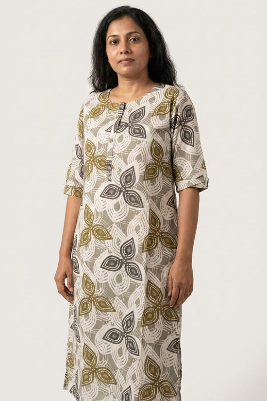 Olive Grey Floral Printed Kurthi – Minimal Everyday Comfort Wear