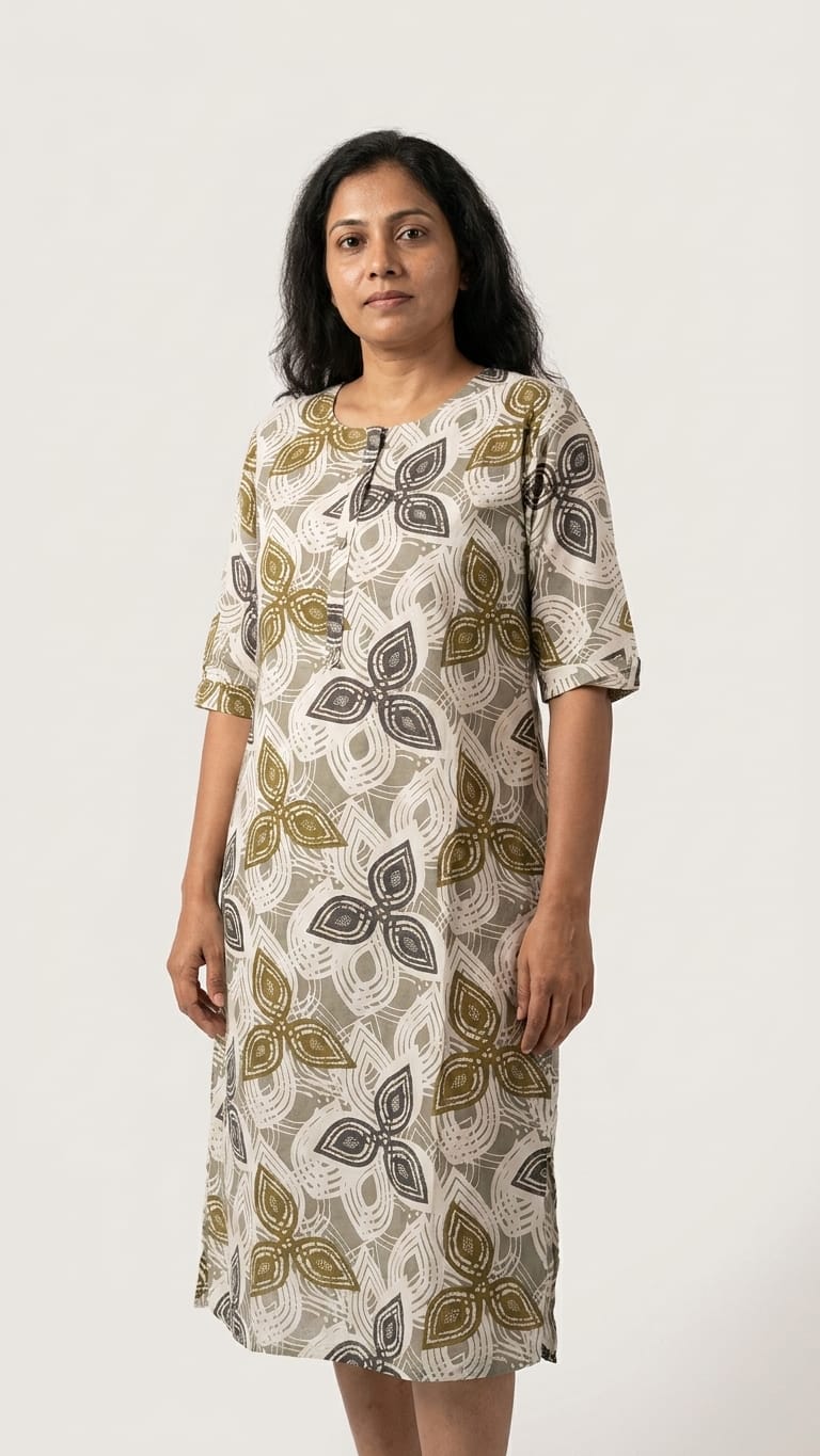 Olive Grey Floral Printed Kurthi – Minimal Everyday Comfort Wear