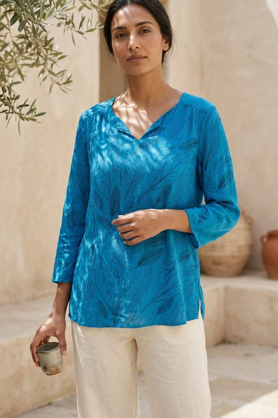 Teal Leaf Print Relaxed Top | Minimal Everyday Wear