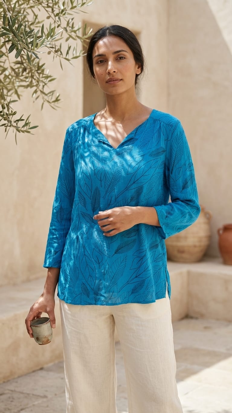 Teal Leaf Print Relaxed Top | Minimal Everyday Wear