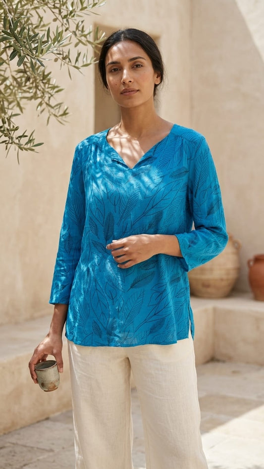 Teal Leaf Print Relaxed Top | Minimal Everyday Wear