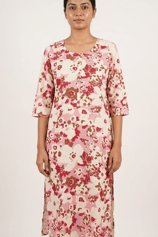 Pink Floral Cotton Straight Kurti for Women