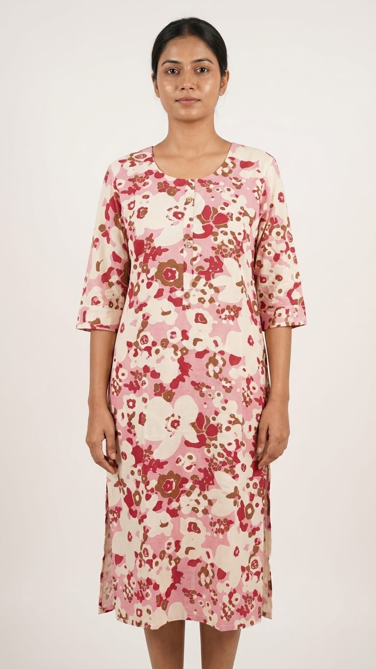 Pink Floral Cotton Straight Kurti for Women