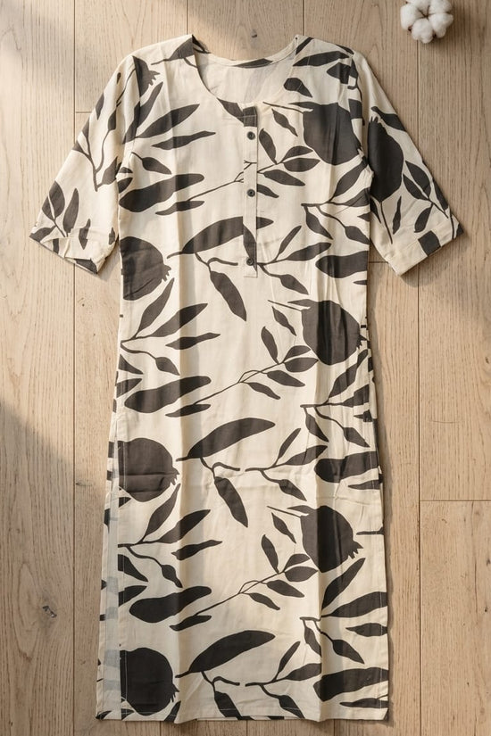 Beige & Black Leaf Printed Kurthi – Minimal Everyday Elegance