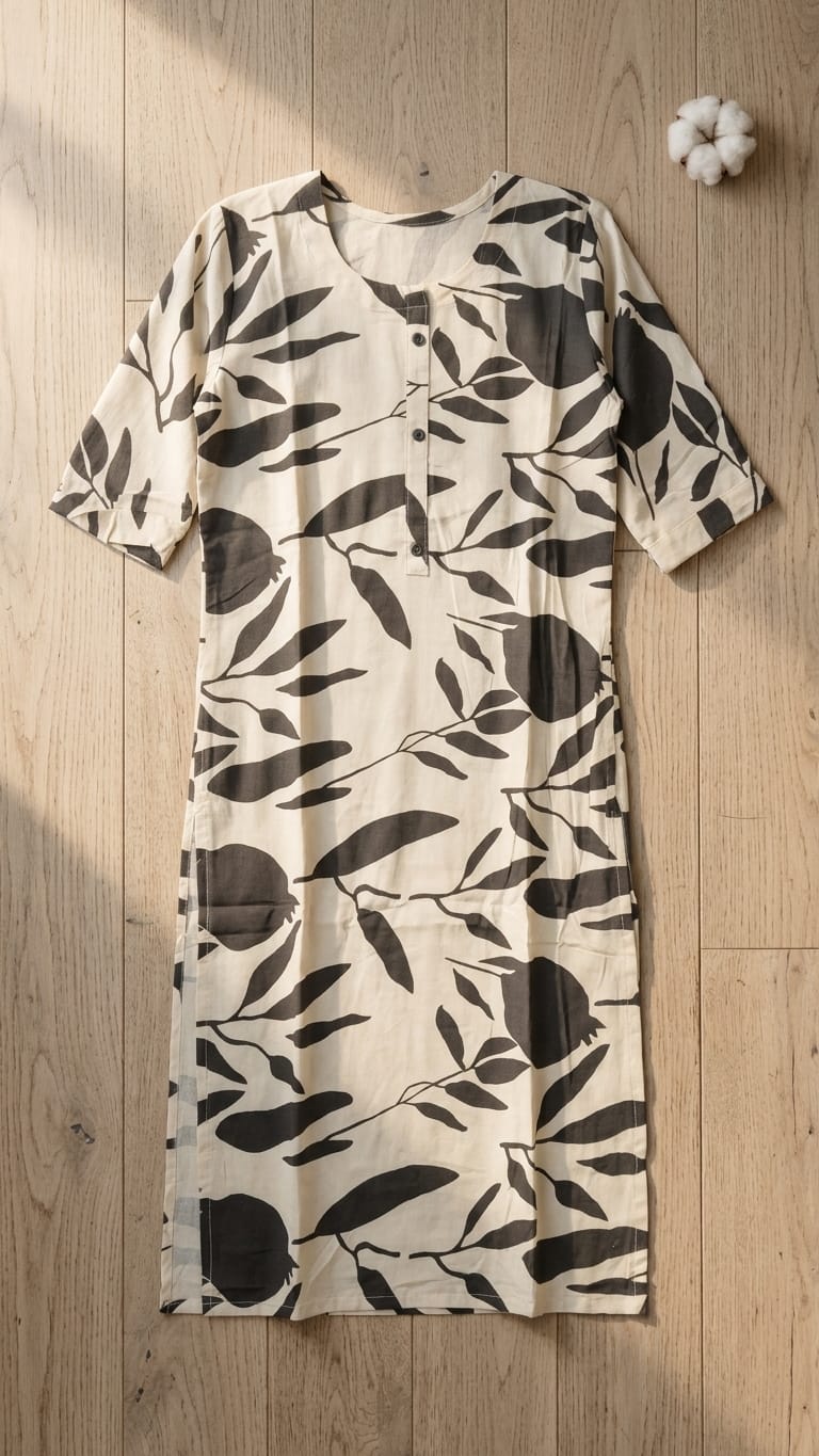 Beige & Black Leaf Printed Kurthi – Minimal Everyday Elegance