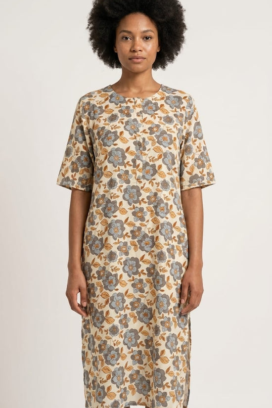 Beige & Blue Floral Print Straight Kurti