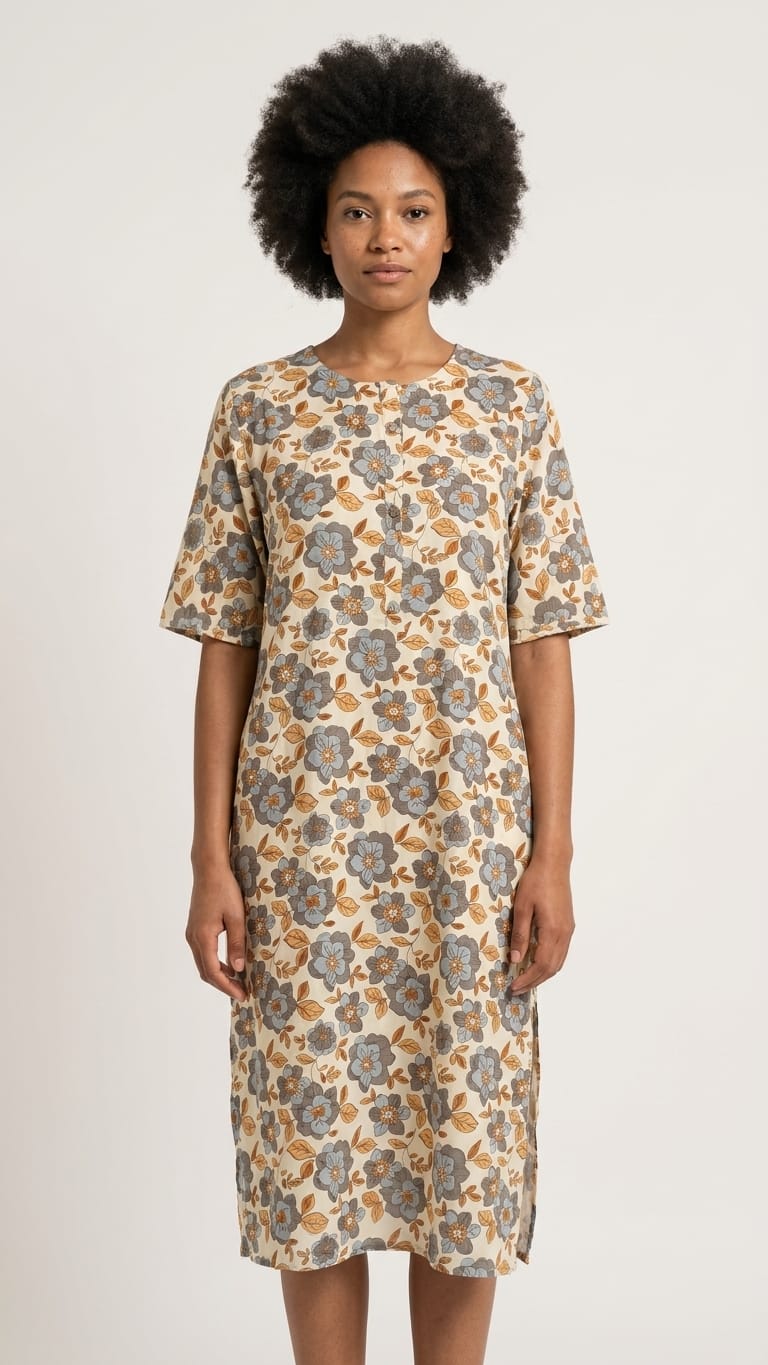 Beige & Blue Floral Print Straight Kurti