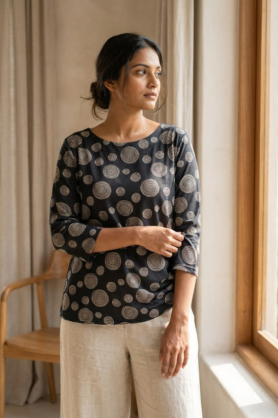 Black Spiral Print Casual Top for Women | Minimal Everyday Wear