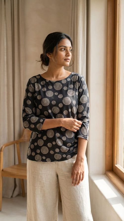 Black Spiral Print Casual Top for Women | Minimal Everyday Wear