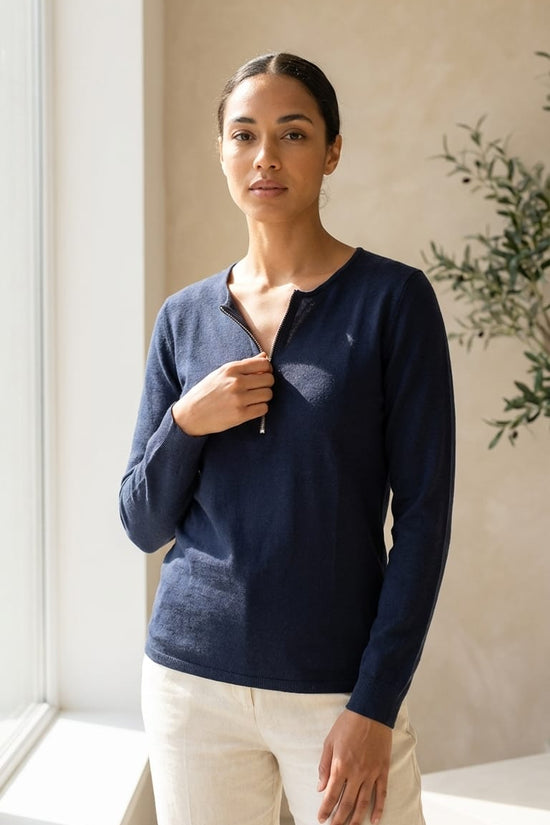 Navy Zip Neck Top | Minimal Smart Casual Wear