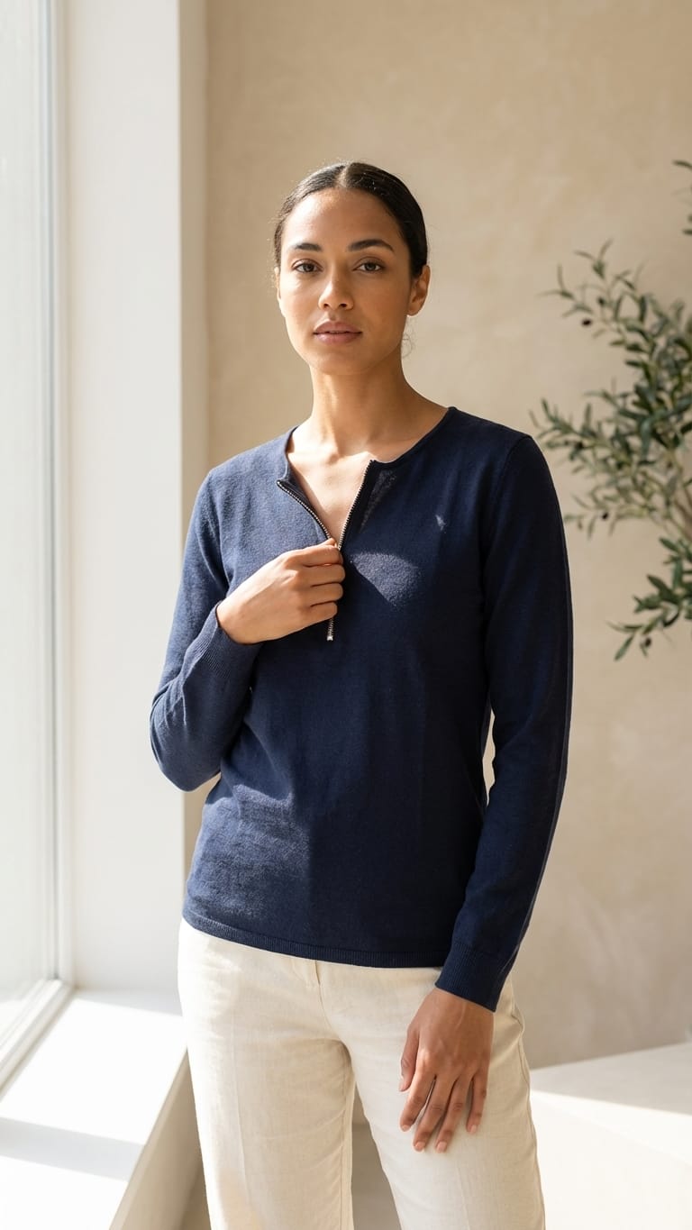 Navy Zip Neck Top | Minimal Smart Casual Wear