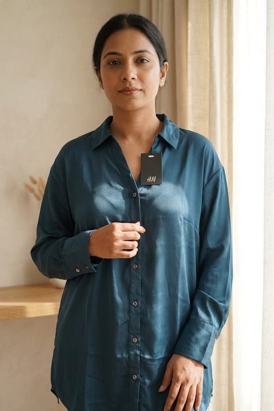 Teal Satin Relaxed Fit Shirt for Women | Premium Everyday Wear