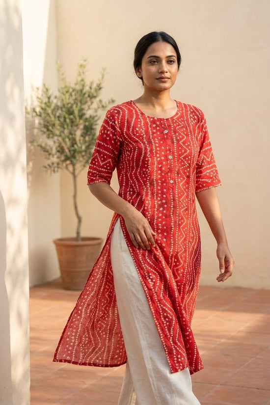 Red Bandhani Style Straight Kurti
