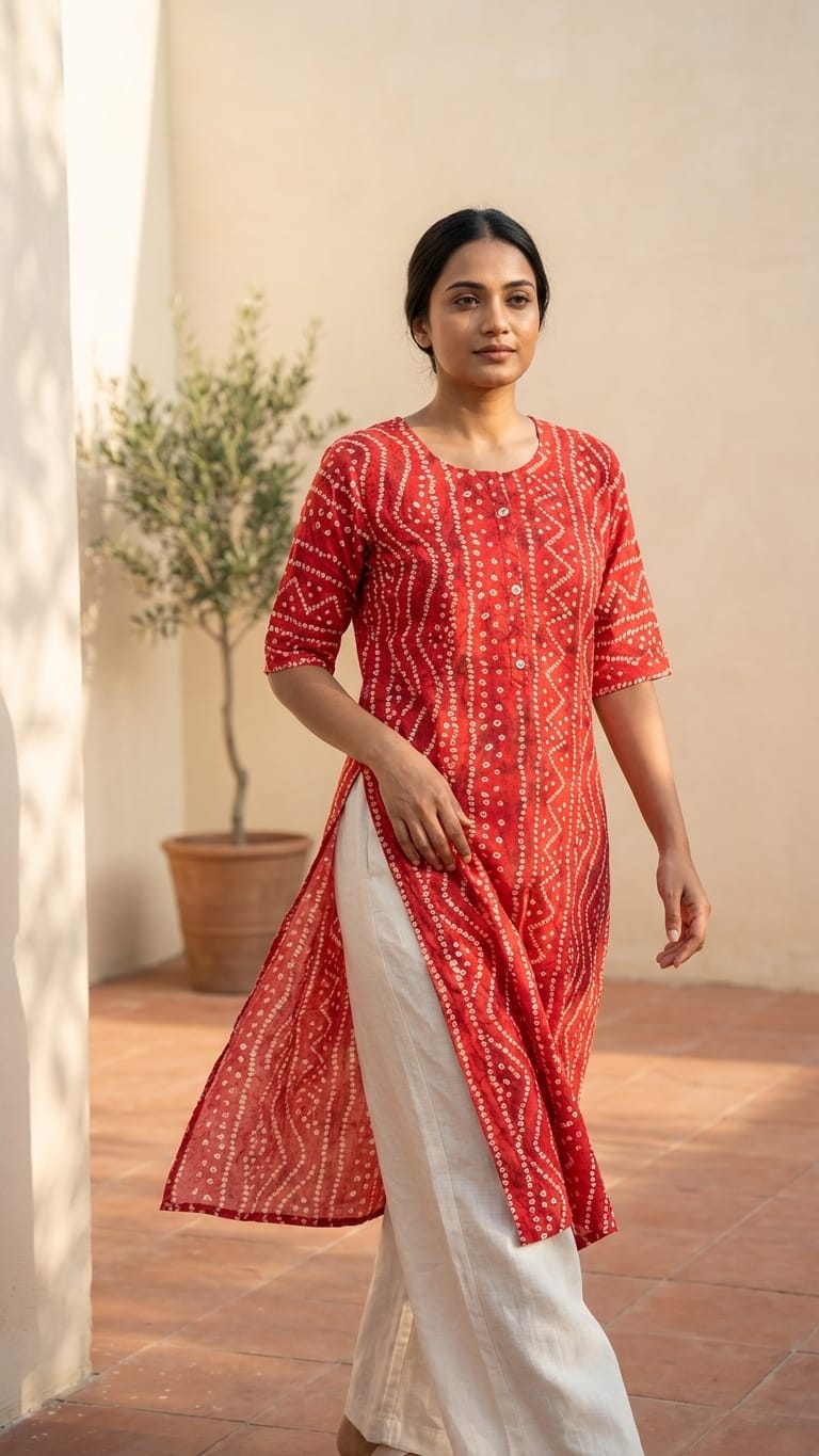 Red Bandhani Style Straight Kurti