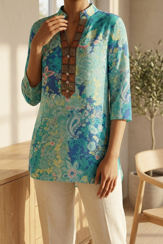 Aqua Floral Fusion Kurti Top for Women | Indo-Western Everyday Wear