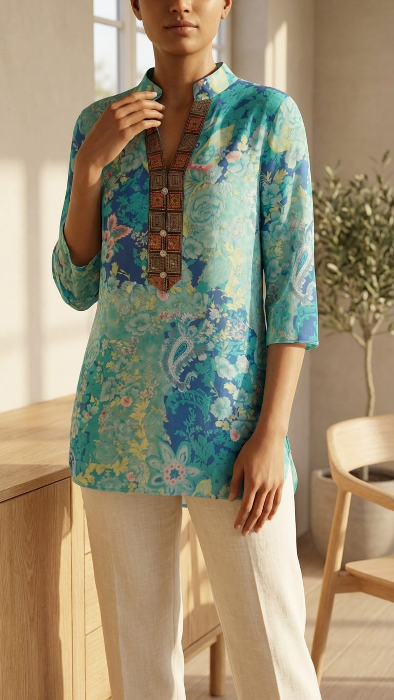 Aqua Floral Fusion Kurti Top for Women | Indo-Western Everyday Wear