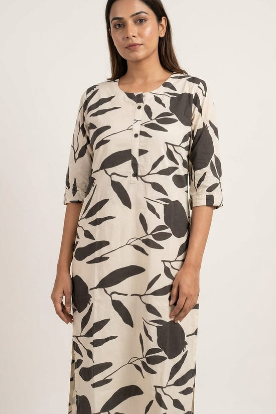 Beige & Black Leaf Printed Kurthi – Minimal Everyday Elegance