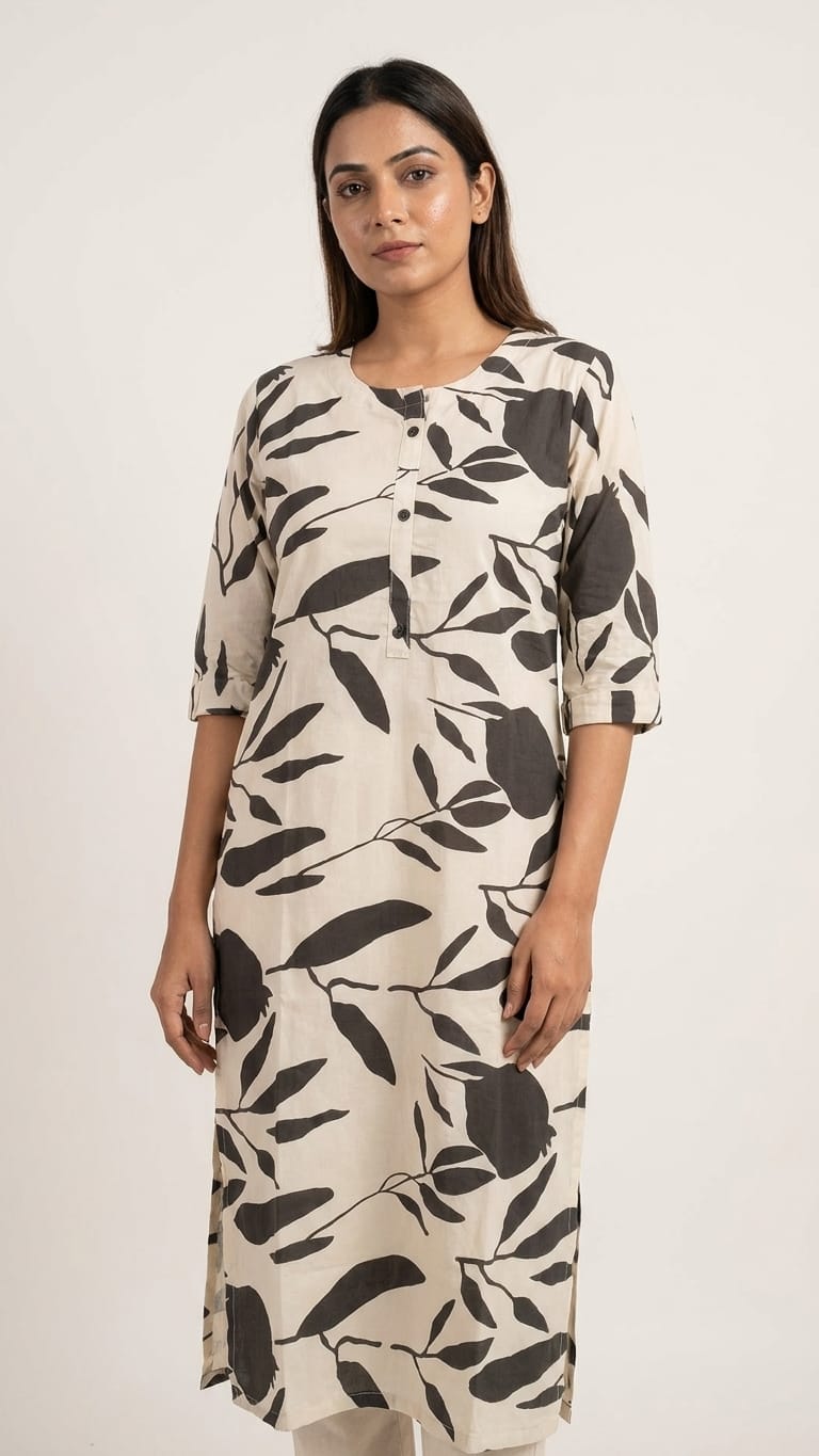 Beige & Black Leaf Printed Kurthi – Minimal Everyday Elegance
