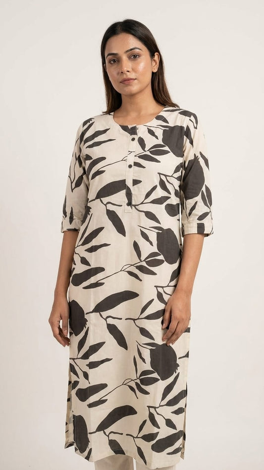 Beige & Black Leaf Printed Kurthi – Minimal Everyday Elegance