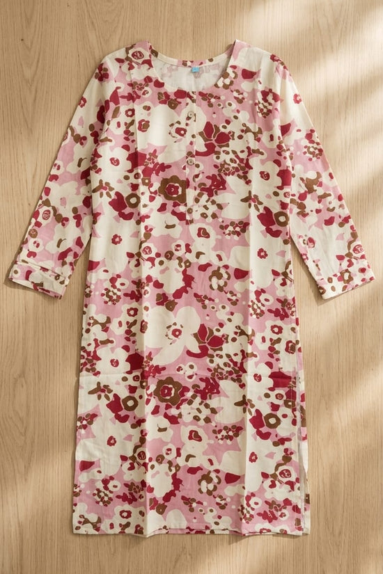 Pink Floral Cotton Straight Kurti for Women
