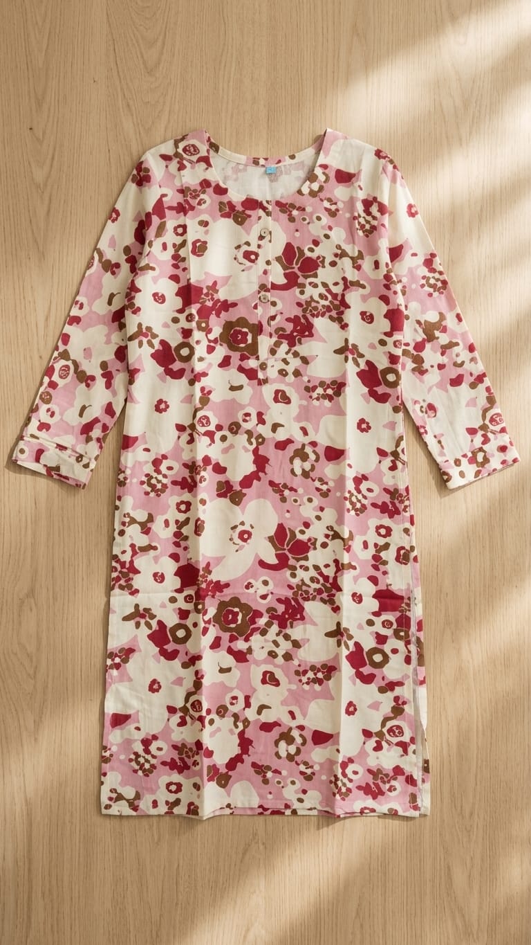 Pink Floral Cotton Straight Kurti for Women