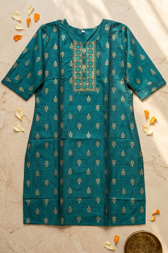 Teal Embroidery Silk Straight Kurti for Women