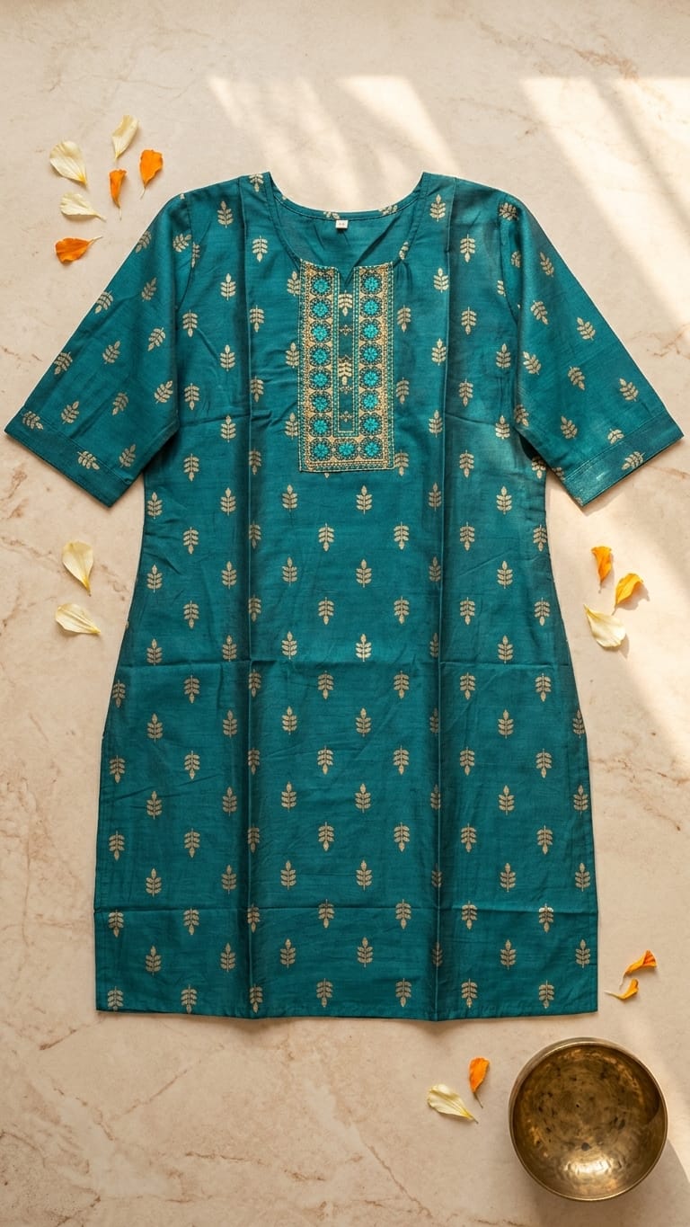 Teal Embroidery Silk Straight Kurti for Women
