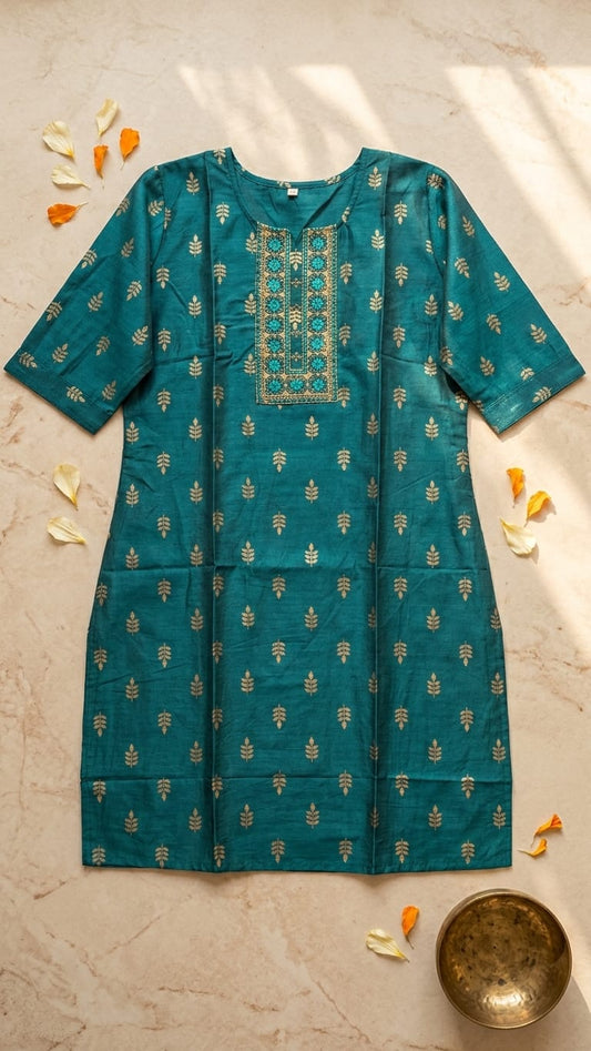 Teal Embroidery Silk Straight Kurti for Women
